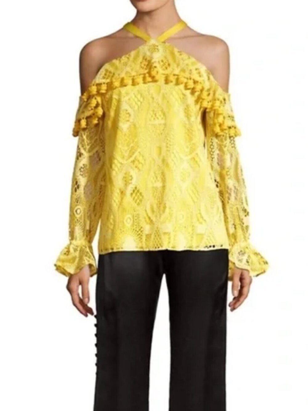 ALEXIS Adriana Yellow Lace Pom Pom Ruffle Cold Shoulder Tie Blouse, Size XS